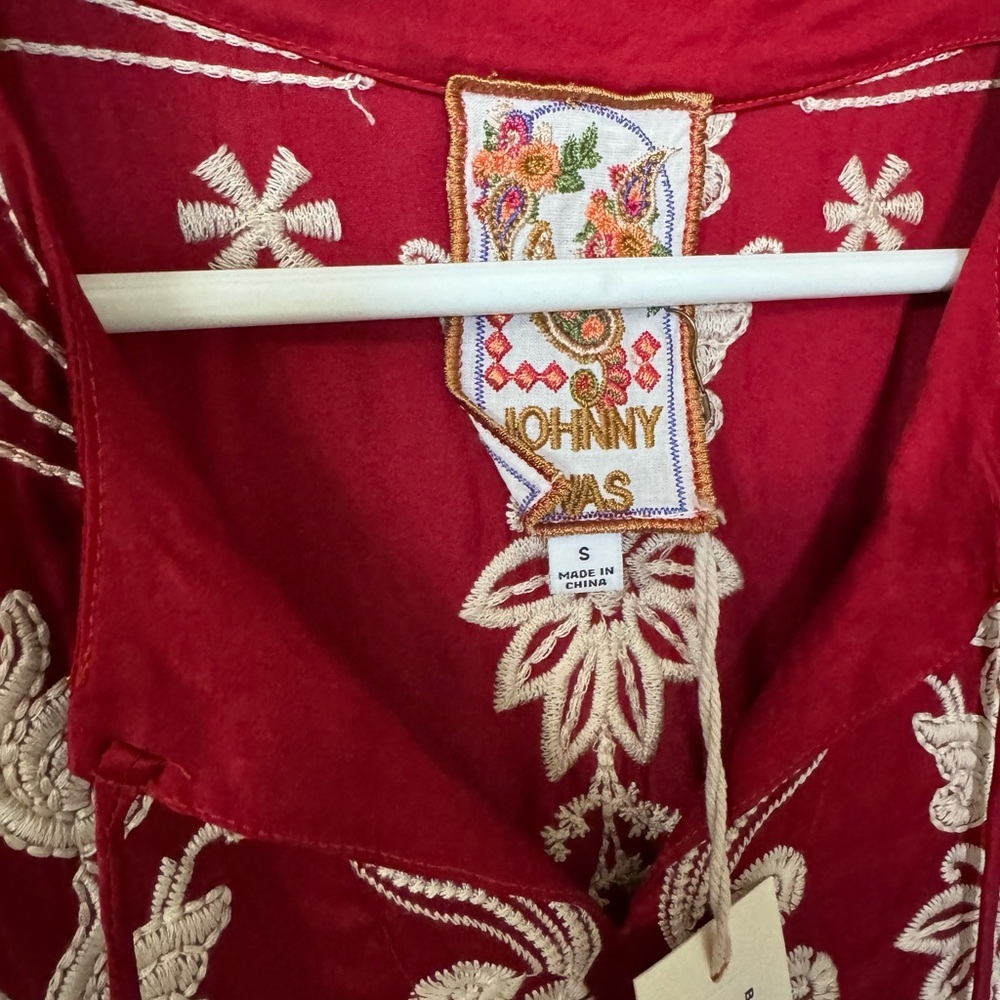 Johnny Was Bishop Sleeve Blouse Burgundy Embroidered Odette Small Retails $298! - Picture 2 of 7
